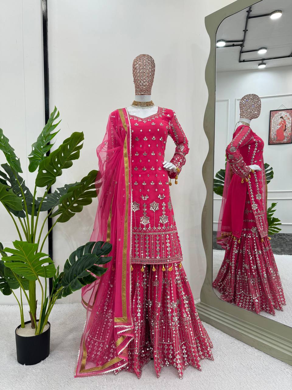 Faux Georgette Sharara Set, top, palazzo, and dupatta