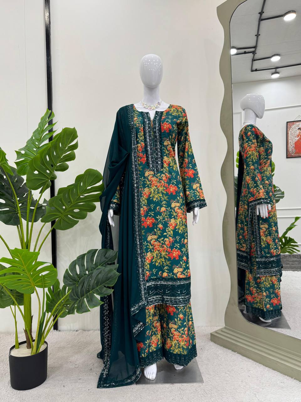  luxurious three-piece ensemble featuring a French silk top and pantwith dupatta