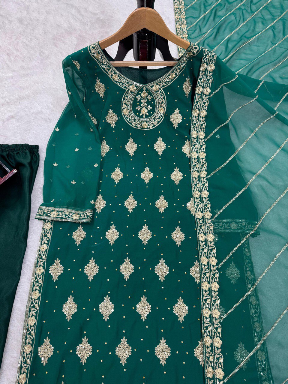 Dazzling Faux Georgette Top & French Silk Pant Set