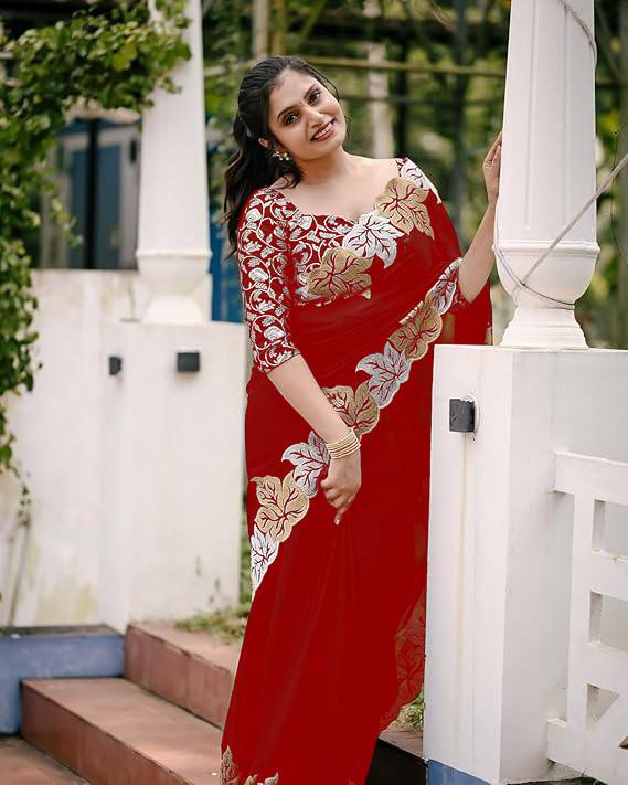 Sartin Chiffon Silk Saree featuring exquisite designer jari thread embroidery