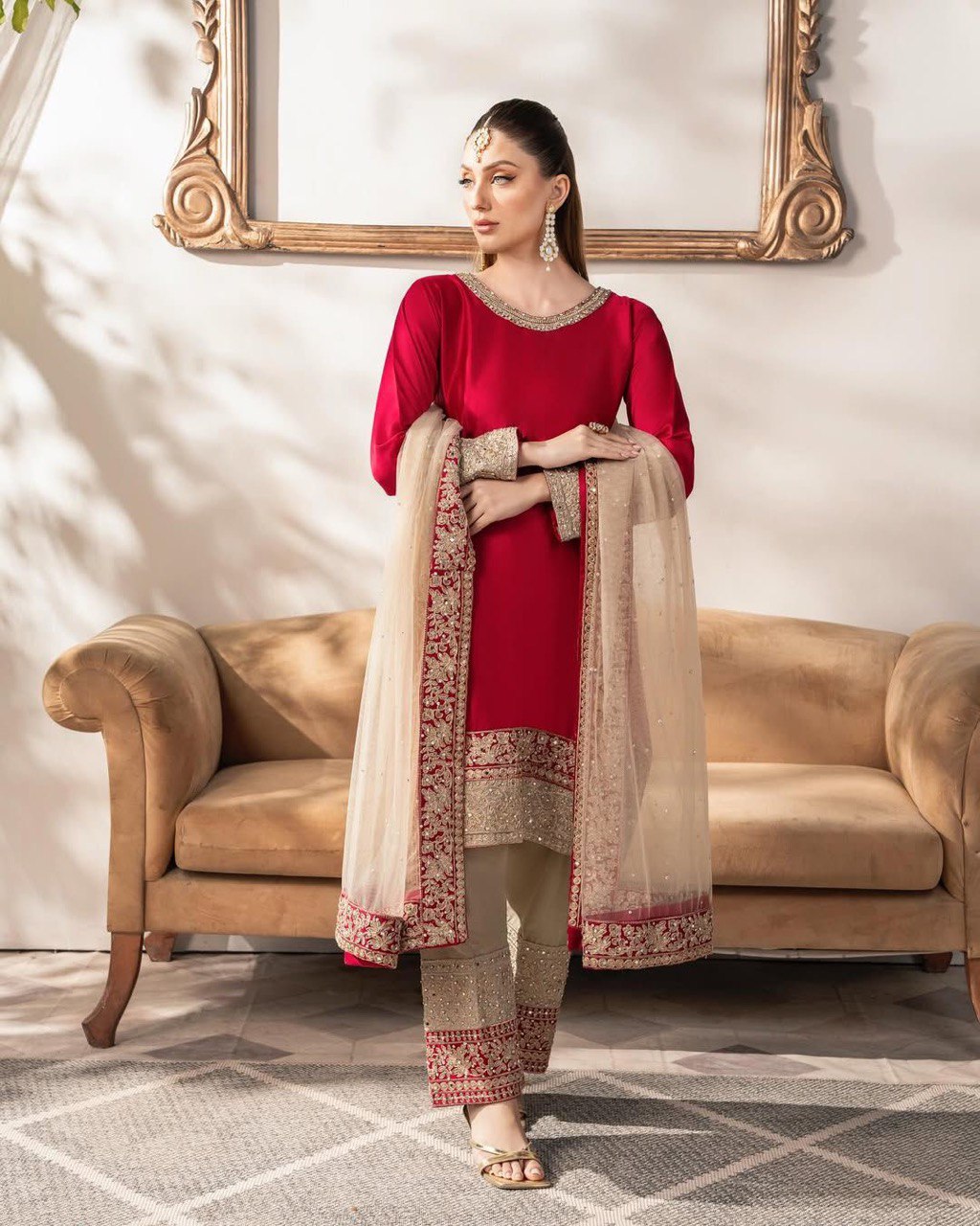 Satin Silk Set featuring a  designed top, pent, papatta