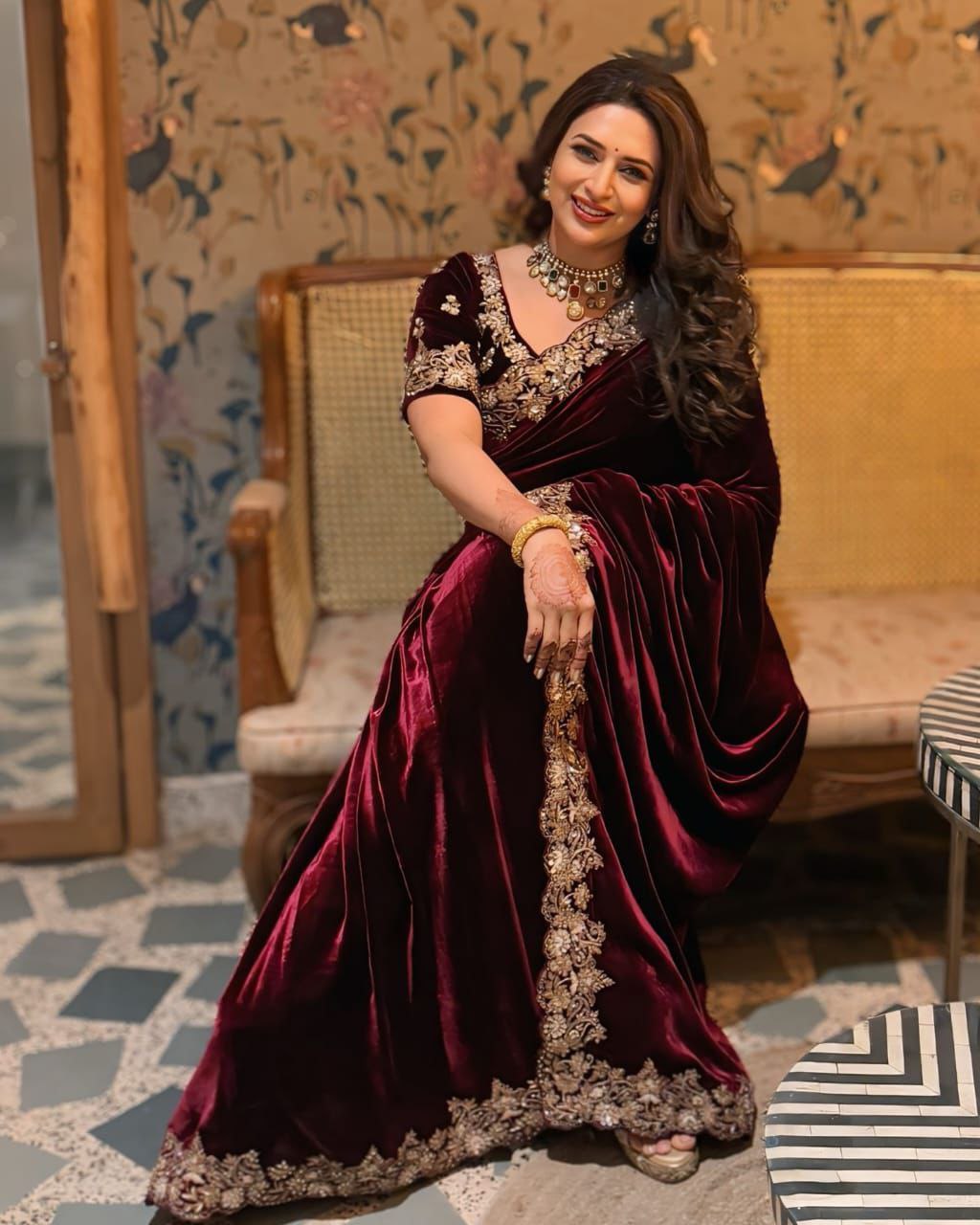 Velvet Saree showcasing opulent designer sequence and Jari thread embroidery