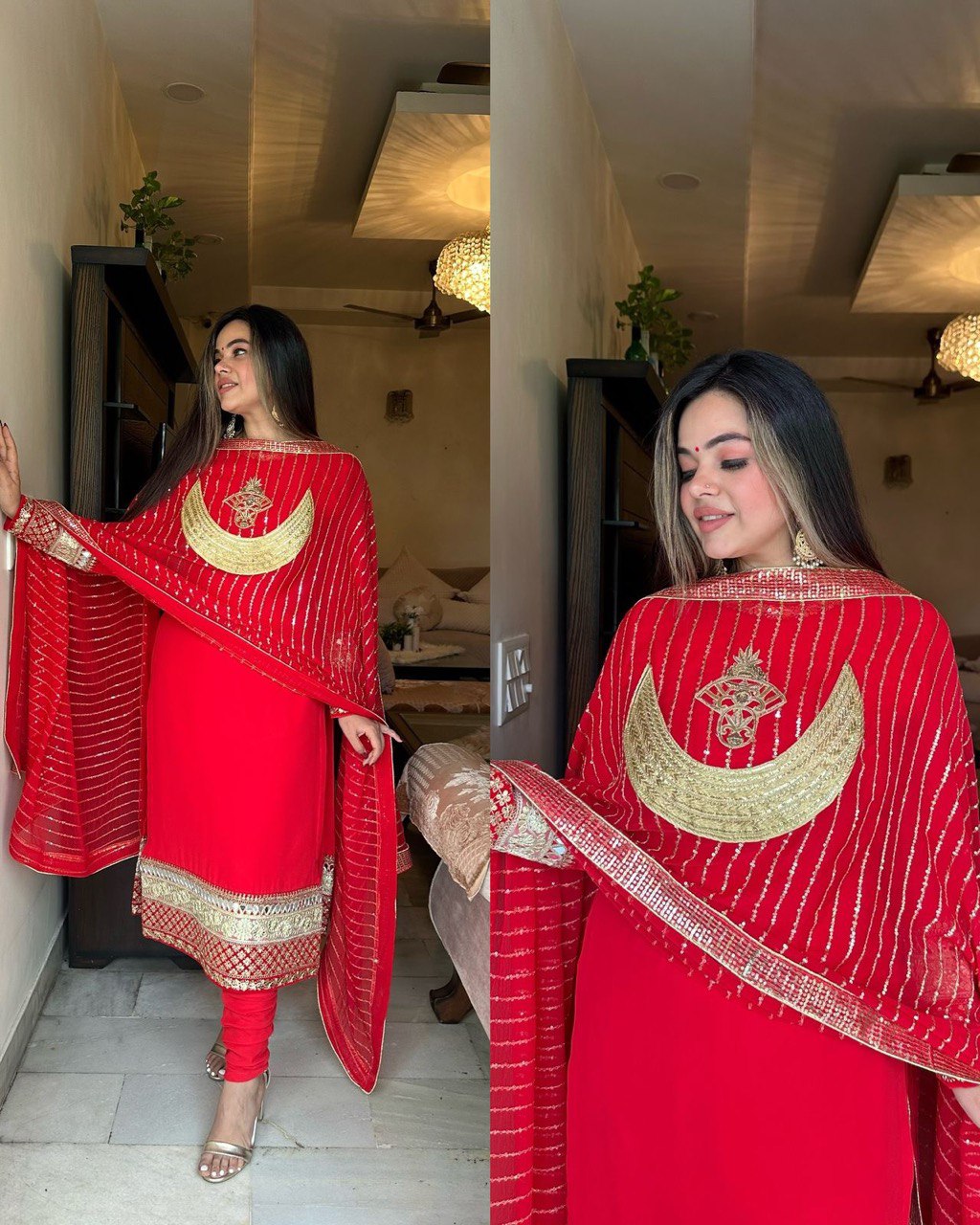 Faux Georgette top pant dupatta set