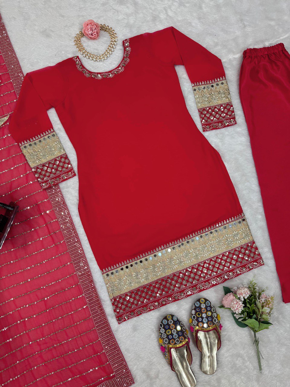 Faux Georgette top pant dupatta set