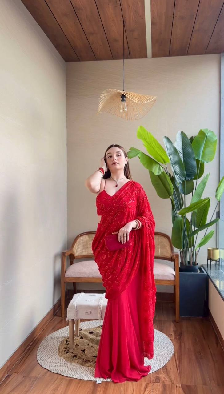  Red faux georgette Ready-to-wear Lehenga Saree