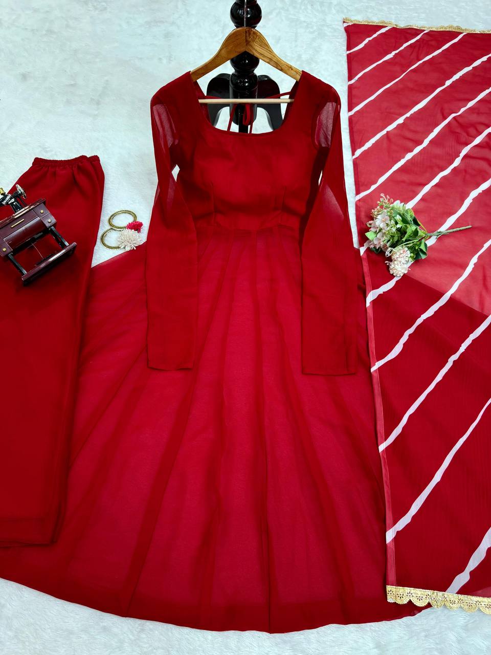 Red Faux Georgette Palazzo Set, top, palazzo, and dupatta
