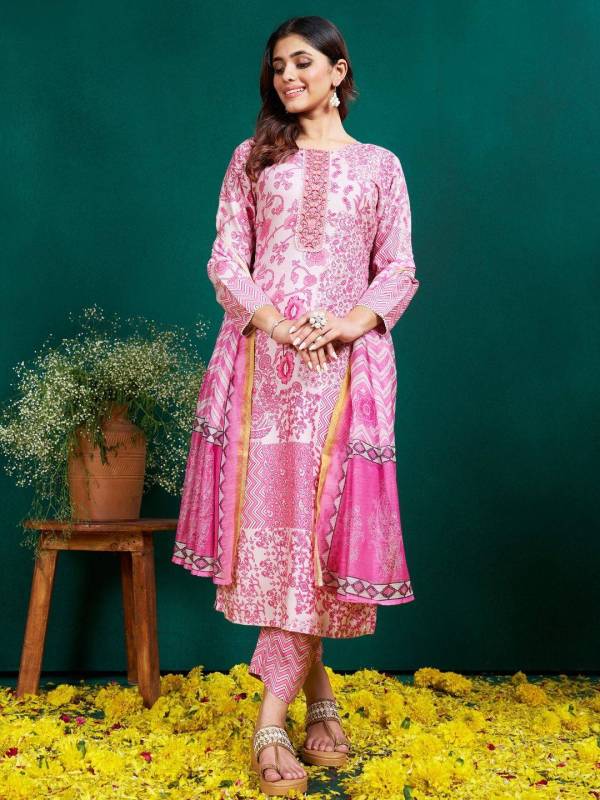 Women's cotton blend V neck Kurta With pant & Dupatta