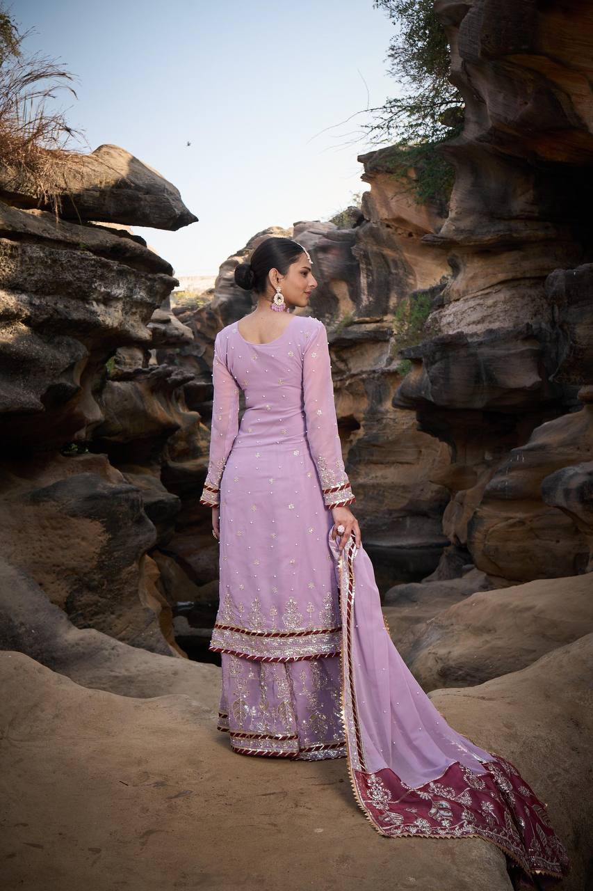 Faux georgette fabric Top Sharara and Dupatta
