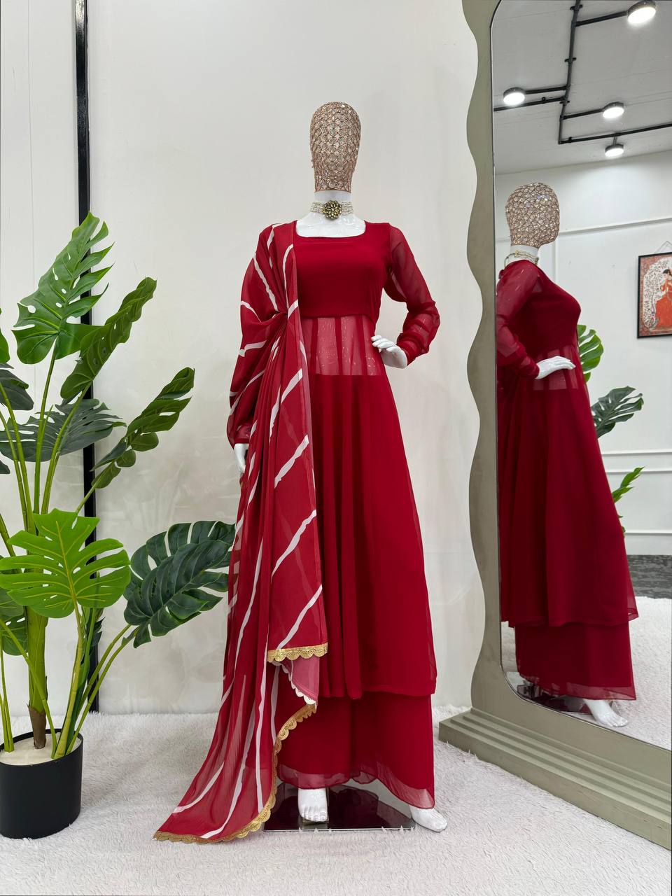 Red Faux Georgette Palazzo Set, top, palazzo, and dupatta