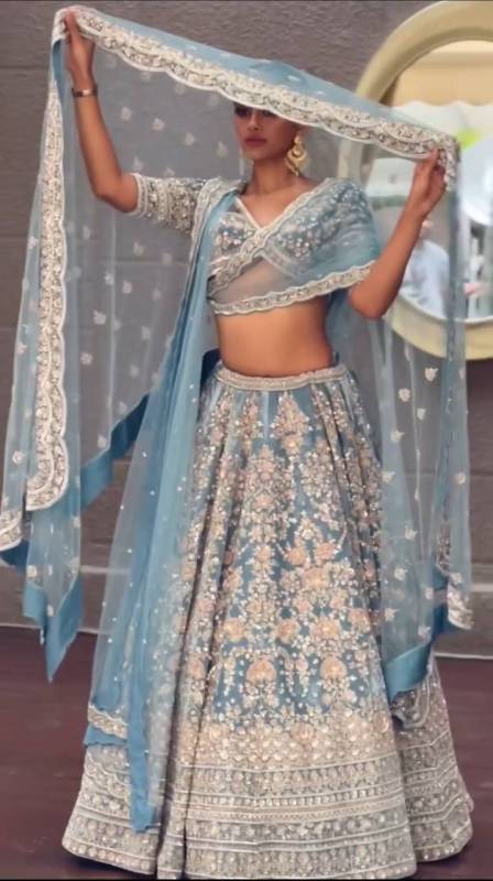Faux Georgette Sequins Embroidered Work Lehenga Choli Set