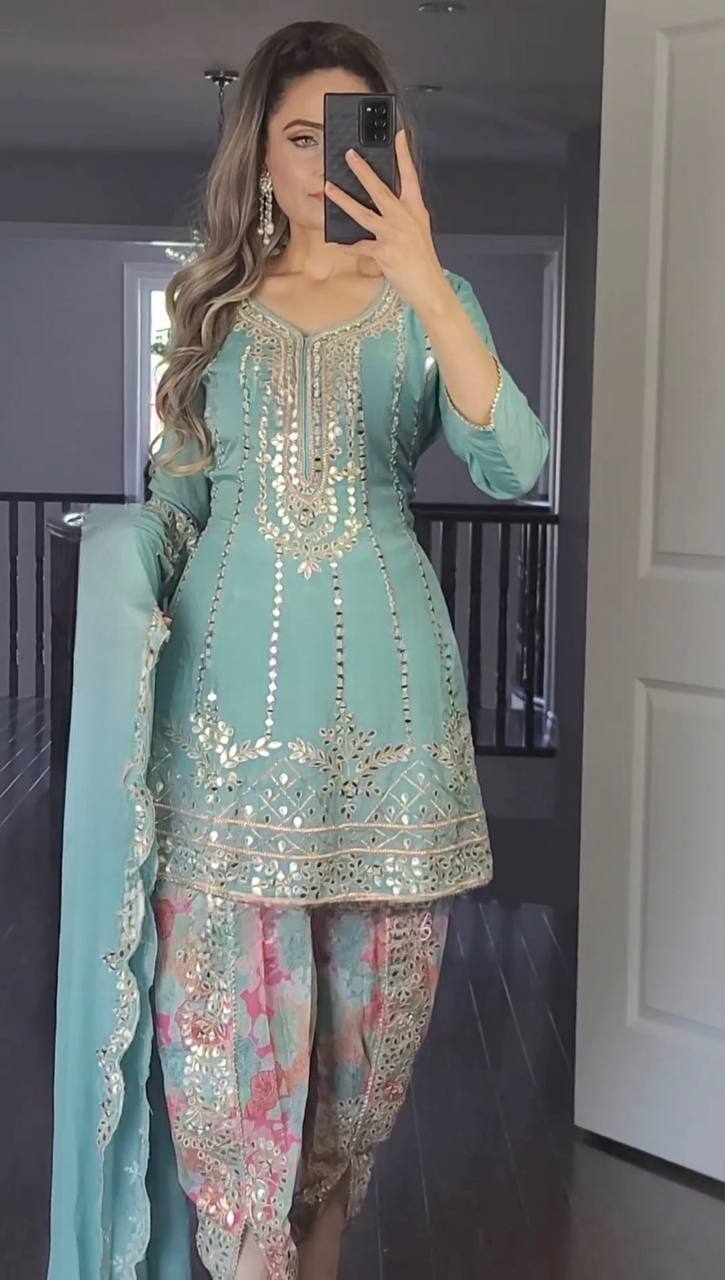 Faux georgette Top Dhoti Salwar Dupatta Set
