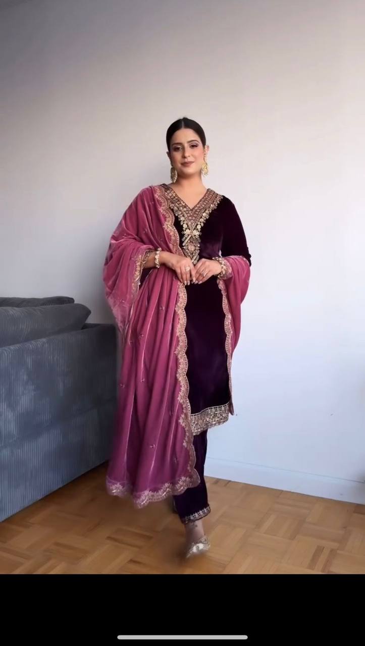  luxurious viscose velvet top pent dupatta set