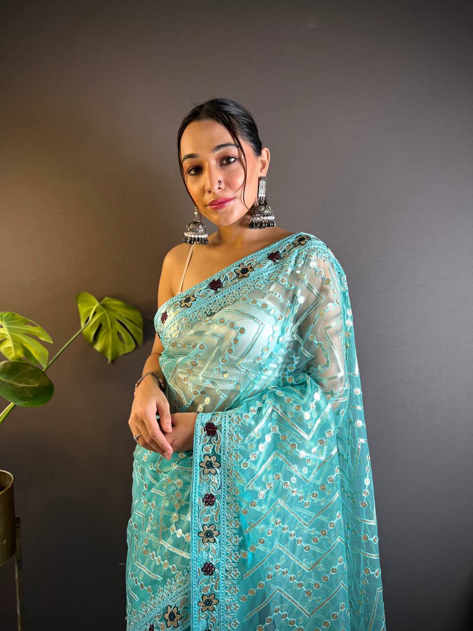 Butterfly Net saree, meticulously crafted with designer chain stitch embroidery