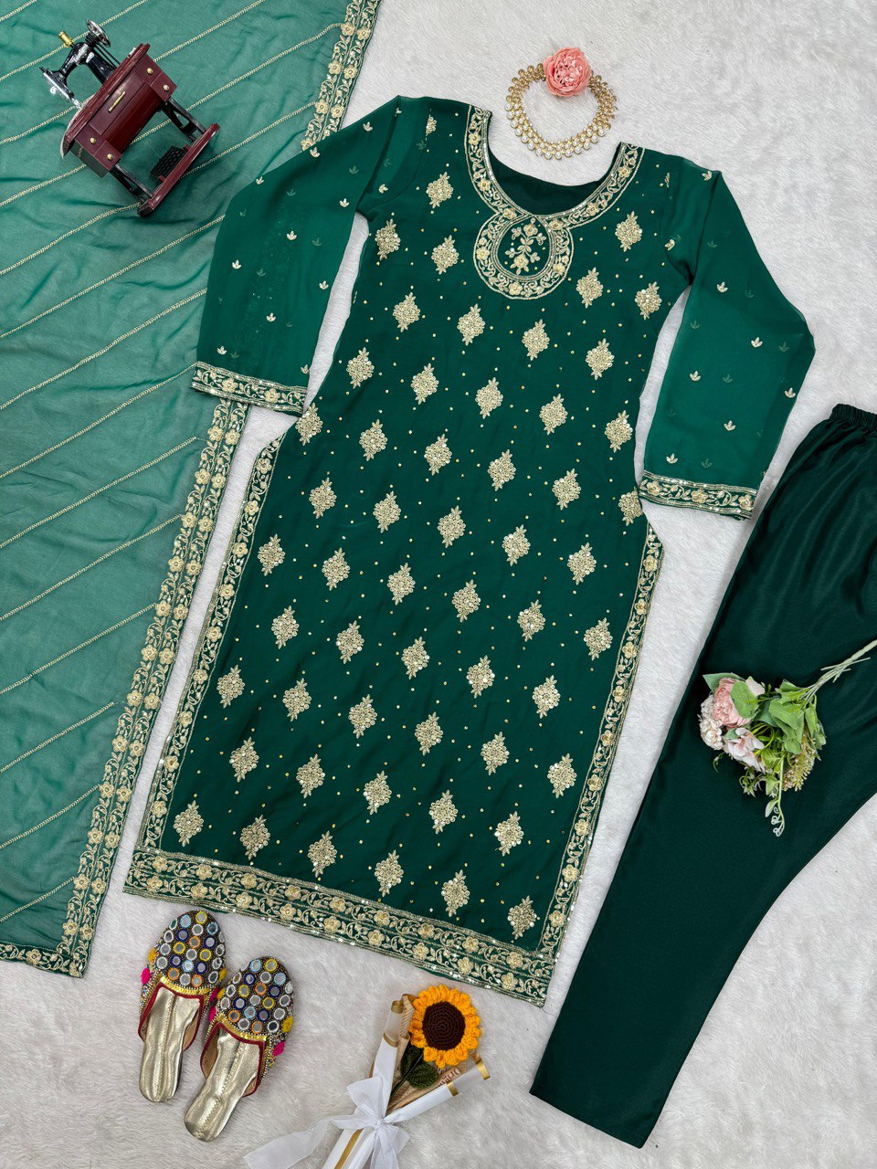 Dazzling Faux Georgette Top & French Silk Pant Set