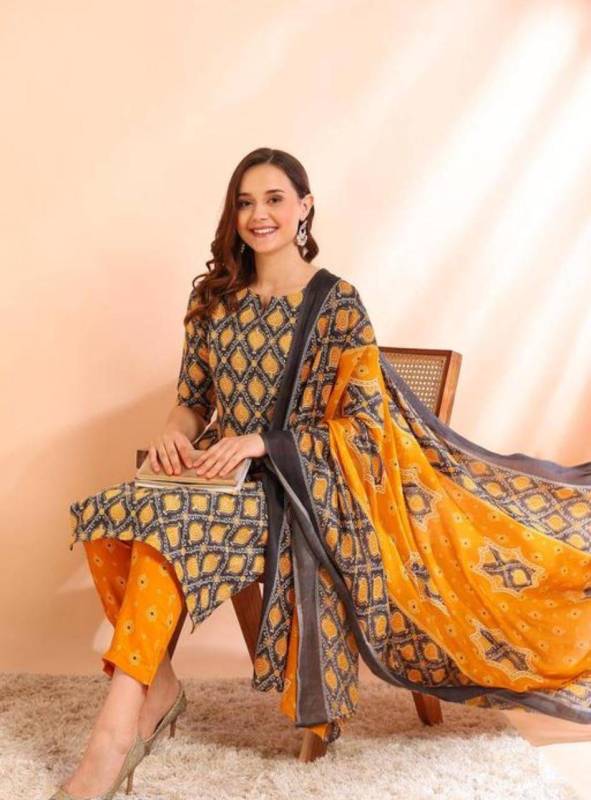 Women's Poly Rayon Foil Print Straight Kurta With Pant & Dupatta 