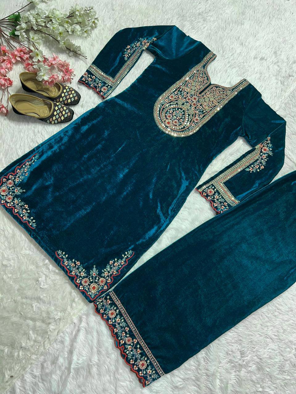 Party Wear Viscous Velvet Pant Top Set