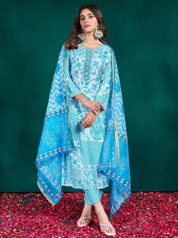 Women's cotton blend V neck Kurta With pant & Dupatta