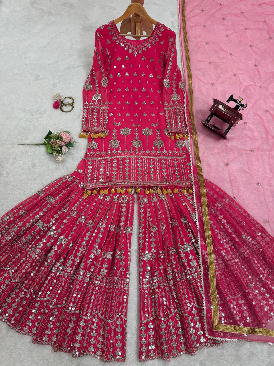 Faux Georgette Sharara Set, top, palazzo, and dupatta