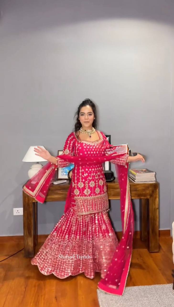 Faux Georgette Sharara Set, top, palazzo, and dupatta