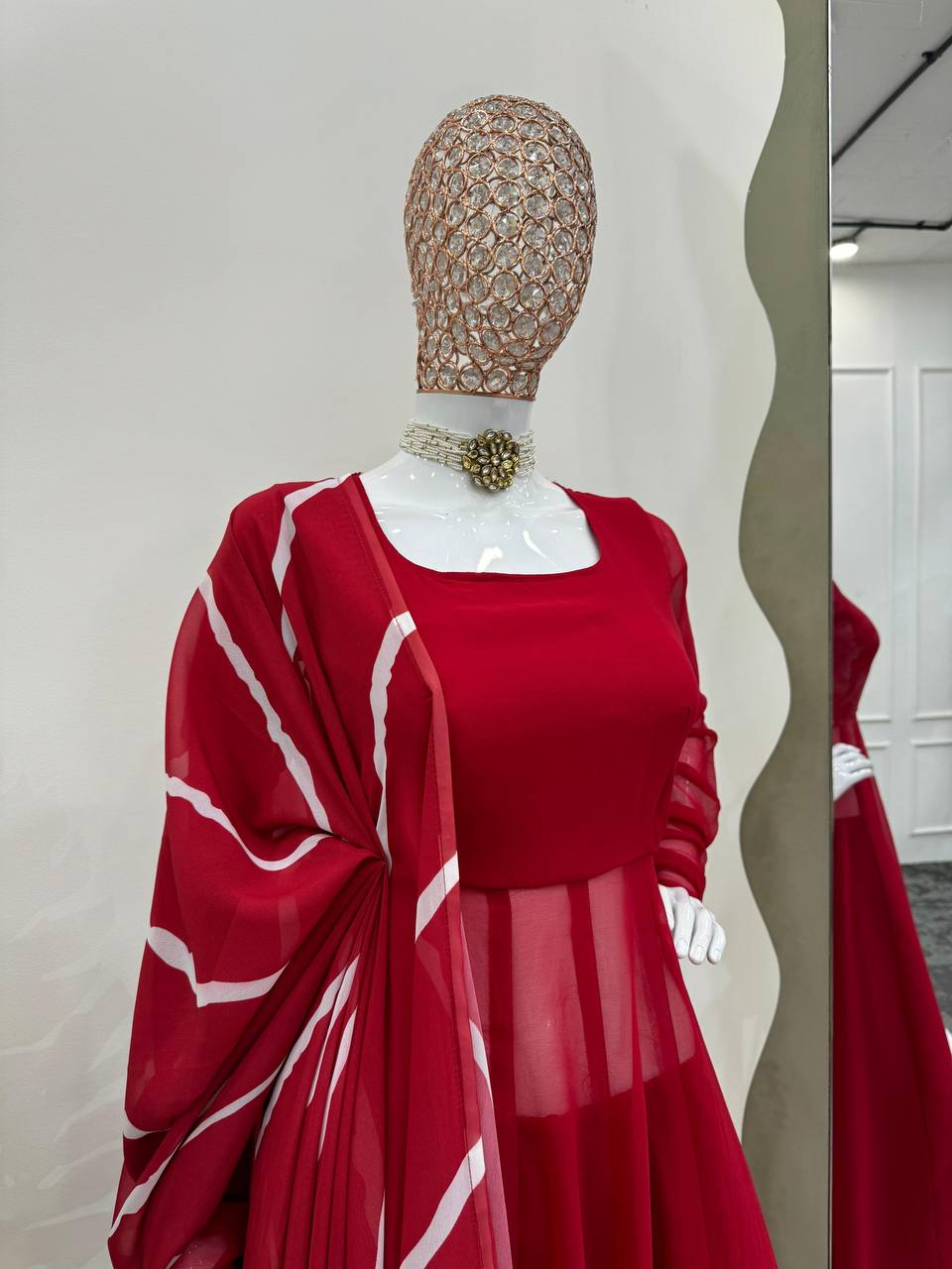 Red Faux Georgette Palazzo Set, top, palazzo, and dupatta