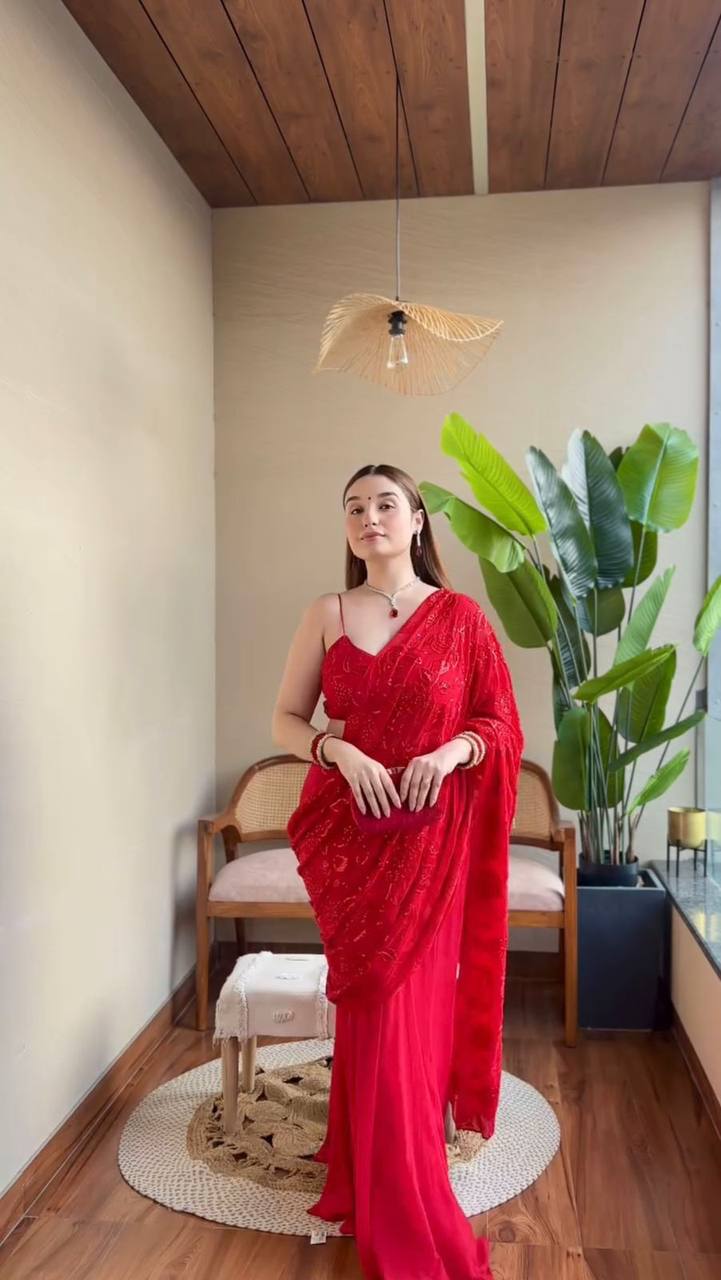  Red faux georgette Ready-to-wear Lehenga Saree