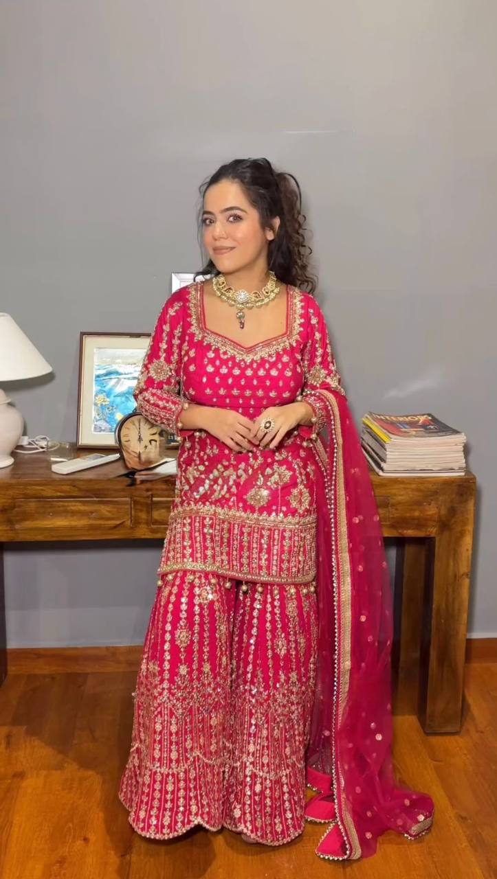 Faux Georgette Sharara Set, top, palazzo, and dupatta
