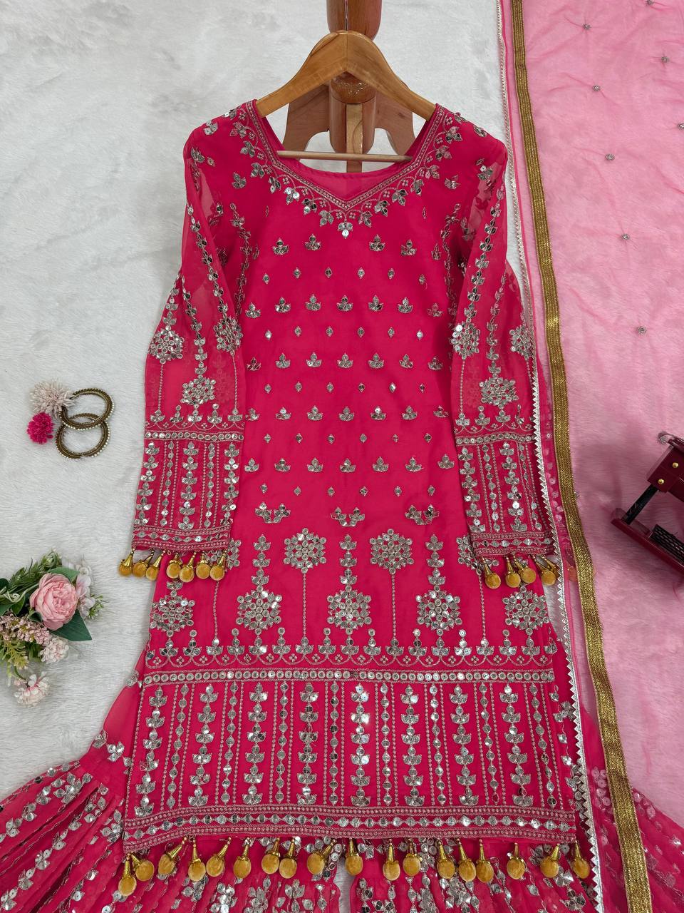 Faux Georgette Sharara Set, top, palazzo, and dupatta