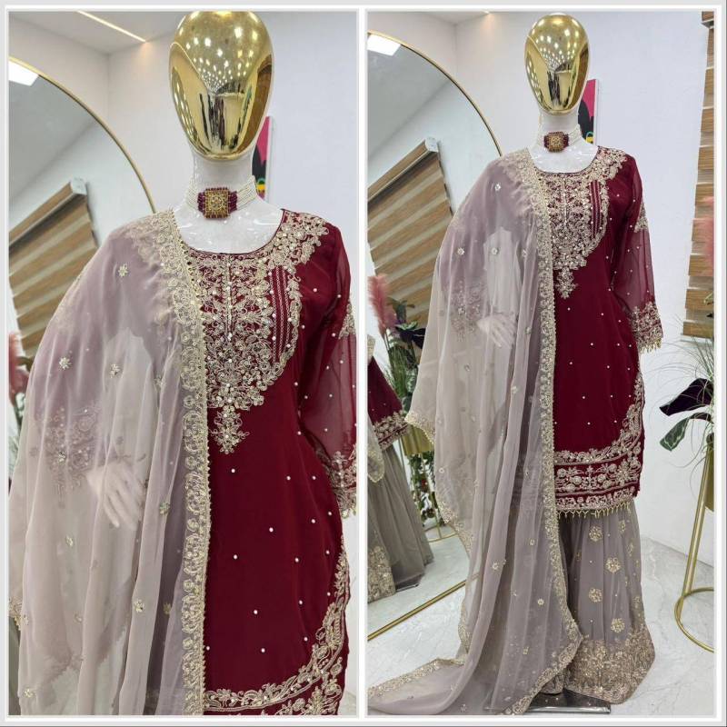 Faux Georgette sharara palazzo set features a top with real mirror and coding sequence embroidery. 