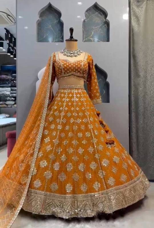 Faux Georgette Real Mirror,  Embroidered Work Lehenga 